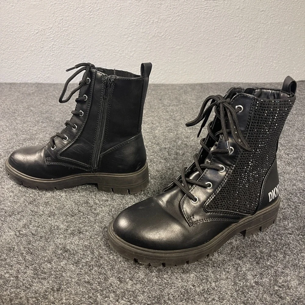 DKNY Girls Combat Boots Youth 2 Black Lace Up Zipper Rhinestone Lug Sole